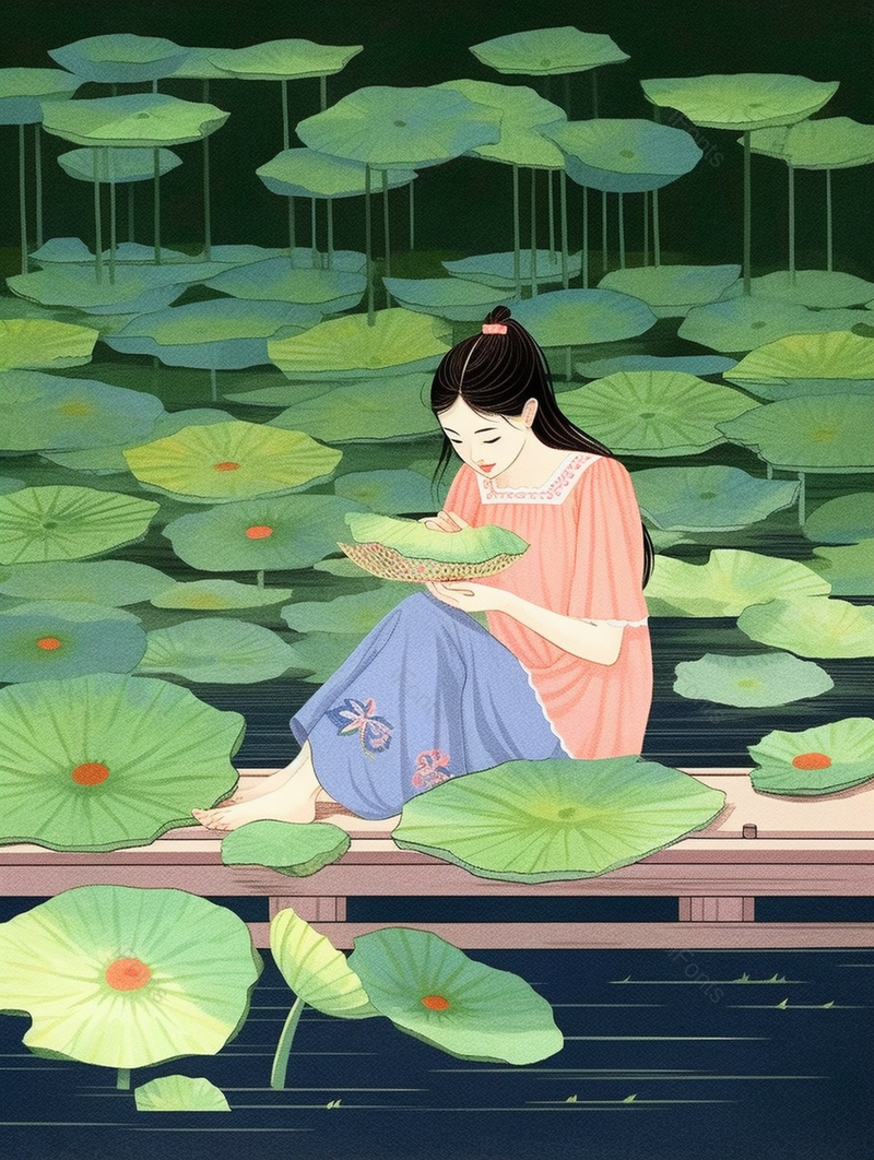 绿色池塘边吃莲蓬的少女插画,插画/手绘图,插画/手绘图库,插画/手绘图下载,插画/手绘